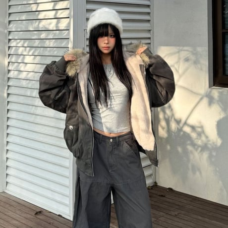 フード付き ブルゾン フェイクファー ジップアップ ボアジャケット 裏起毛 防寒 アウター 長袖 ゆったり ルーズ レトロ 大人可愛い ガーリー カジュアル DTCA-971007569370