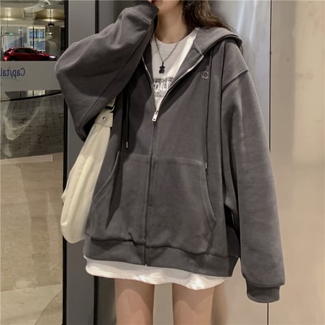ジップアップ パーカー ワンポイント 韓国ファッション レディース トップス 長袖 カジュアル ストリートファッション DTC-638737949320