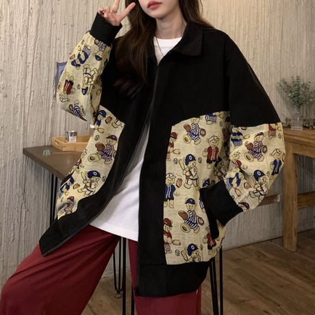 ジャケット くまちゃん ベアー ジップアップ 薄手 長袖 レトロ ルーズ 韓国ファッション レディース 大人可愛い ガーリー カジュアル ストリートファッション DTC-652685578373
