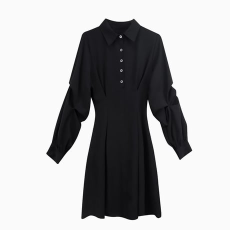 シャツワンピース ポロカラー ハイウエスト ランタンスリーブ ウエストタック Aライン ワンピース レトロ 韓国ファッション レディース 大人可愛い ガーリー DTC-654863190891