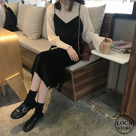 セットアップ キャミワンピース ＋ シフォンブラウス 韓国ファッション レディース キャミワンピ ブラウス レトロ シンプル ガーリー (DTC-600372836260)