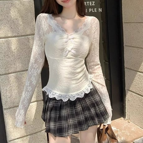 レース トップス Vネック リボン ロンT 薄手 tシャツ スリムフィット 長袖 レトロ 大人可愛い ガーリー フェミニン DTCA-883511135155