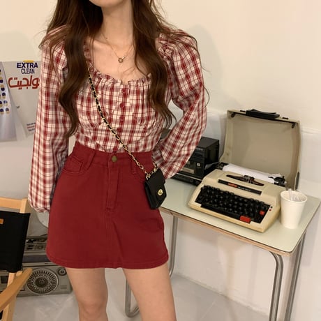 チェック柄 ブラウス スクエアネック パフ袖 長袖 ショート丈 韓国ファッション レディース トップス クロップド丈 大人可愛い ガーリー DTC-640453654398