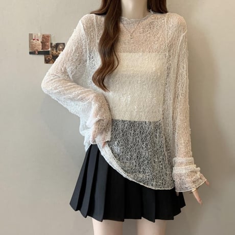シアートップス レース tシャツ トップス クルーネック UVカット シアーtシャツ ゆったり ルーズ 長袖 レトロ 大人可愛い ガーリー トレンド DTCA-907055529072