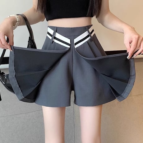 スカート風 ショートパンツ プリーツスカート ラップスカート ミニ丈 ハイウエスト Aライン 不規則デザイン レトロ 大人可愛い ガーリー カジュアル DTCA-850293119354