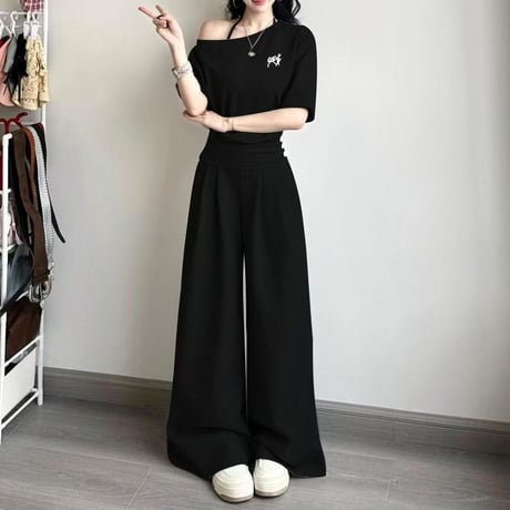 セットアップ 上下セット スウェット オフショルダー tシャツ トップス ワイドパンツ ハイウエスト オフショル レトロ 大人可愛い ガーリー カジュアル DTCA-920359912258