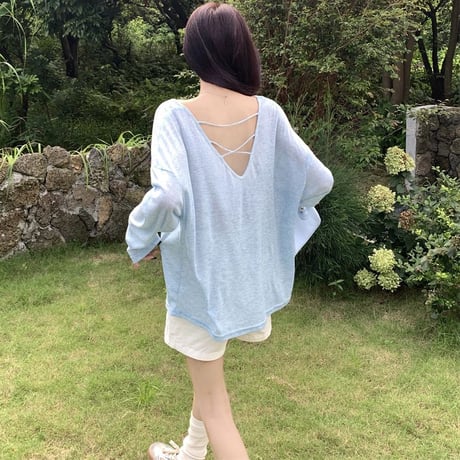 シアートップス オープンバック 背中開き ドロップショルダー 薄手 Tシャツ ルーズ 長袖 Y2K レトロ 韓国ファッション レディース 大人可愛い ガーリー DTC-804963664742