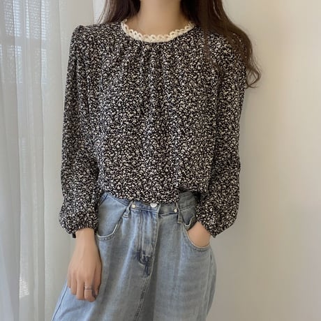 花柄ブラウス レース パフスリーブ トップス 花柄 ブラウス 総柄 長袖 レトロ 韓国ファッション レディース 大人可愛い ガーリー フェミニン DTC-650514777101