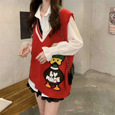 ニットベスト Vネック 不規則デザイン マガモ マルチカラー ルーズ シンプル レトロ 韓国ファッション レディース ガーリー カジュアル DTC-666231453890