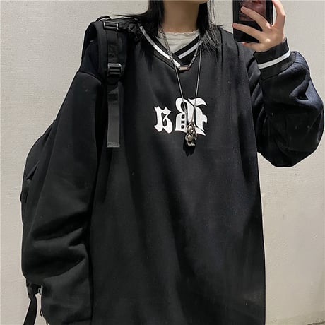 ユニセックス トレーナー Vネック ライン プルオーバー 長袖 オーバーサイズ 韓国ファッション メンズ レディース トップス カジュアル ストリートファッション DTC-652531965393
