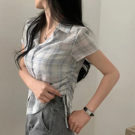 チェック柄シャツ サイドシャーリング トップス ショート丈 ドローストリング ドロスト チェックシャツ 半袖 レトロ 大人可愛い ガーリー カジュアル トレンド DTCA-925867914003
