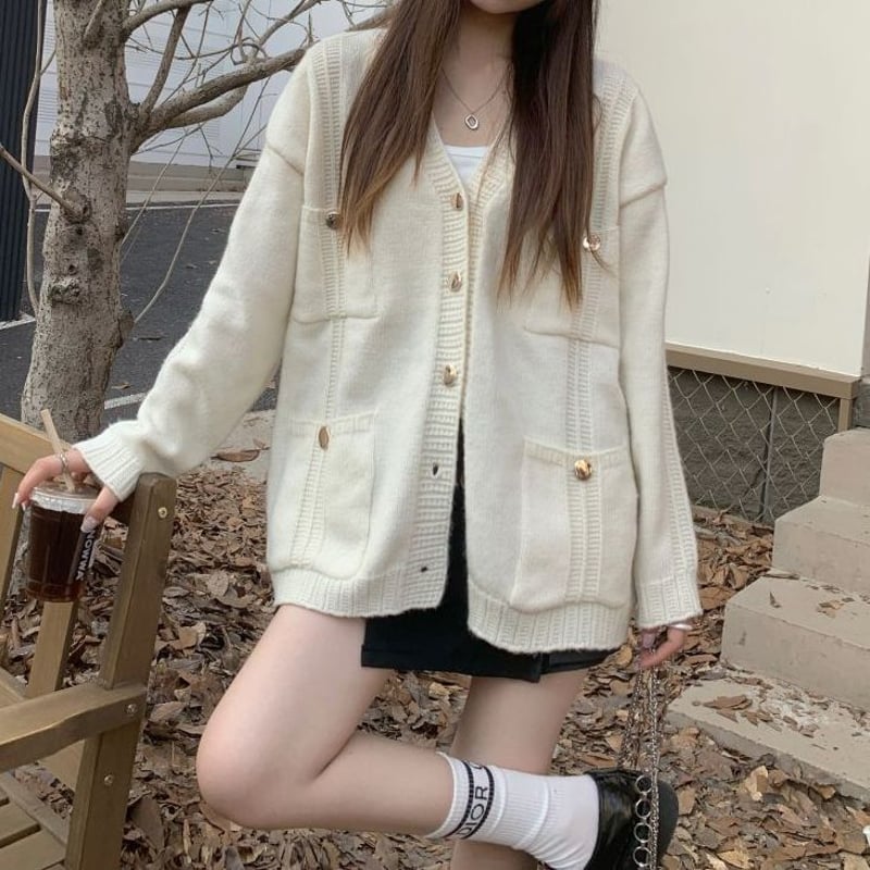 アプリコット/グレー】ニット カーディガン ポケット Vネック ルーズ