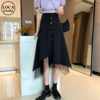 不規則デザイン スカート 裾レース フロントボタン ロング丈 Aライン ハイウエスト 韓国ファッション レディース ロングスカート ブラック 大人可愛い ガーリー DTC-638836072176