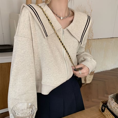 ショートジャケット セーラー襟 配色ライン スウェット ルーズ レトロ 韓国ファッション レディース 大人可愛い ガーリー カジュアル DTC-683356752663