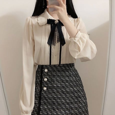 ブラウス リボンタイ フラワーカラー ランタンスリーブ シフォン 刺繍 ルーズ 長袖 レトロ 韓国ファッション レディース 大人可愛い ガーリー フェミニン DTC-624862087296