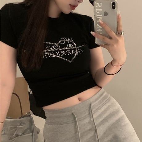 Tシャツ ラインストーン ハート ロゴ コンパクトTシャツ クロップド丈 ショート丈 トップス スリムフィット 半袖 レトロ 大人可愛い ガーリー カジュアル DTCA-820673482384