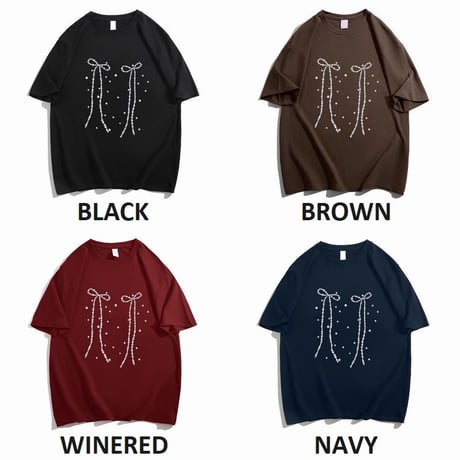リボンプリント Tシャツ オーバーサイズ トップス ルーズ ゆったり 半袖 レトロ  大人可愛い ガーリー カジュアル フェミニン DTCA-780996917013