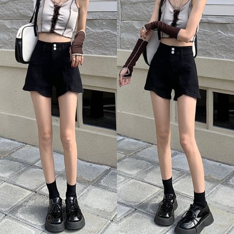 デニムショートパンツ ブラック ワイドレッグパンツ ボタン ハイウエスト Aライン レトロ 韓国ファッション レディース 大人可愛い ガーリー カジュアル DTC-667422863677