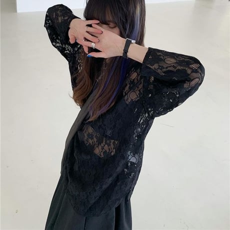 フラワーレース tシャツ 透け感 トップス ホワイト ブラック クルーネック レース ロンT 長袖 レトロ 大人可愛い ガーリー DTCA-865166902200