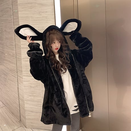 うさ耳フード付き  ボアジャケット ボアパーカー ボアコート もこもこ 防寒 レトロ 韓国ファッション レディース 大人可愛い ガーリー カジュアル DTC-657800689138