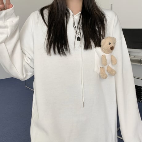 ユニセックス パーカー クマのぬいぐるみ付き プルオーバー プラスベルベット 長袖 オーバーサイズ 韓国ファッション メンズ レディース カジュアル ストリート系 DTC-660128840646