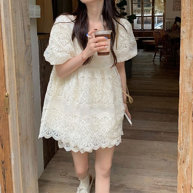 セットアップ レーストップス ショートパンツ 半袖 レース