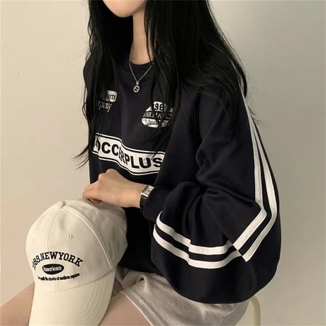 トレーナー スウェット サイドライン ロゴ トップス クルーネック ルーズ ゆったり 長袖 レトロ 大人可愛い ガーリー カジュアル DTCA-843593634855