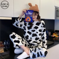 【ルームウェア】 パジャマ セットアップ 牛柄 長袖 韓国ファッション レディース 折り襟 トップス + パンツ 上下セット レトロ DTC-627968674816