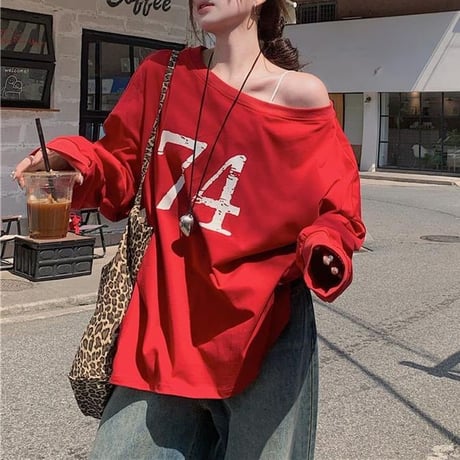 2WAY 前後着用 トップス ロンT ワンショルダー オフショルダー tシャツ スウェット アシンメトリー オーバーサイズ ゆったり レトロ 長袖 カジュアル DTCA-837273595763