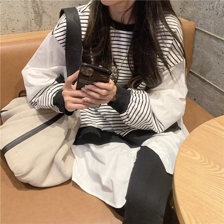 ドッキングトップス フェイクレイヤード ボーダー柄 ニット ブラウス 重ね着風 切替 長袖 レトロ 韓国ファッション レディース 大人可愛い ガーリー DTC-680518160120
