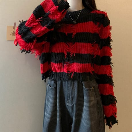 ボーダーニット ダメージ加工 フリンジ ブラック レッド プルオーバー ダメージニット ニット ボーダー ショート丈 セーター ルーズ 秋 冬 レトロ カジュアル DTCA-749285041716