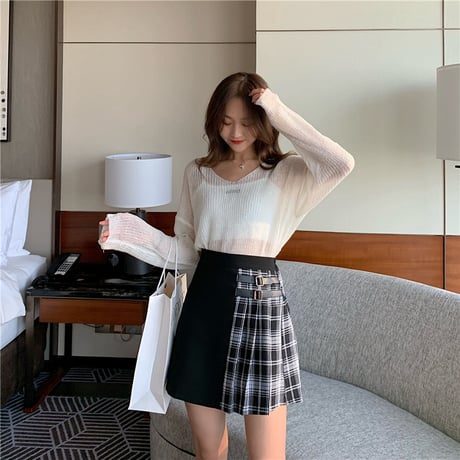 スカート バイカラー ミニ丈 韓国ファッション レディース ブラック ブルー チェック柄 アシンメトリー ハイウエスト Aライン 大人カジュアル 春 秋 冬 韓国 (DTC-603304562495)