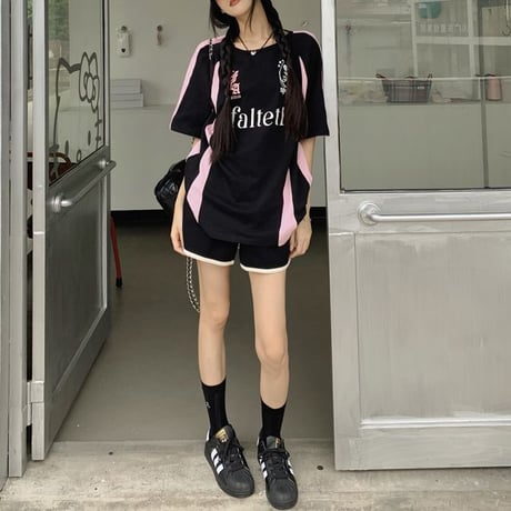 Tシャツ ユニフォーム風 オーバーサイズ サイドライン バイカラー トップス 半袖 レトロ 韓国ファッション レディース 大人可愛い ガーリー スポーツミックス DTC-802941498047