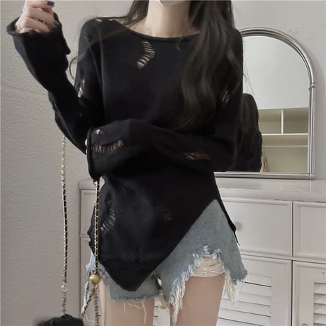 ダメージニット ニット トップス スリムフィット 不規則デザイン ダメージ加工 長袖 レトロ 韓国ファッション レディース 大人可愛い ガーリー DTC-765392806900