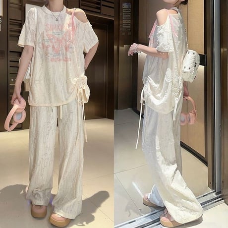 セットアップ 単品 ユーズド加工 Tシャツ ワイドパンツ ホルターネック ワンショルダー ドロスト 半袖 レトロ 韓国ファッション レディース 大人可愛い ガーリー DTC-805276142417