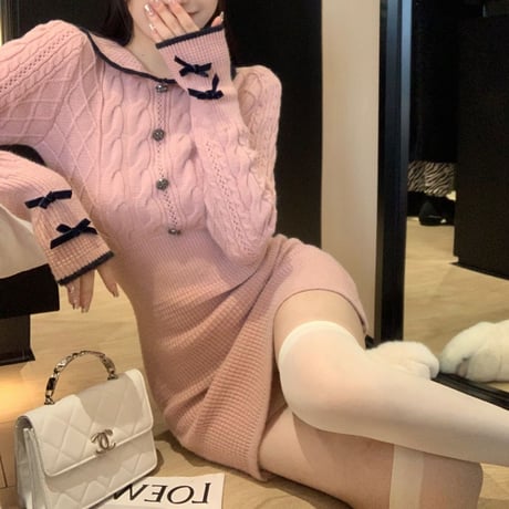 襟付き ニットワンピース リボン ケーブル編み スリム ハイウエスト ニット ミニワンピース 長袖 レトロ 韓国ファッション レディース 大人可愛い ガーリー DTC-691950885298