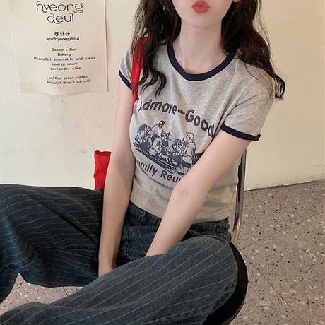 レトロプリント Tシャツ ショート丈 半袖 クルーネック スリムフィット レトロ カジュアル ストリートファッション ストリート系女子 DTCA-702505709620