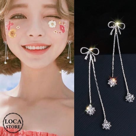 ピアス レディース 両耳 2way リボン チェーン クリスタルシルバー 合金 銀メッキ かわいい シンプル 人気 ジュエリー (DTC-582857432247)