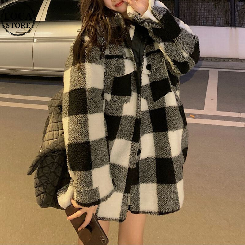 チェック柄 ジャケット フェイクラムウール ルーズ ゆったり