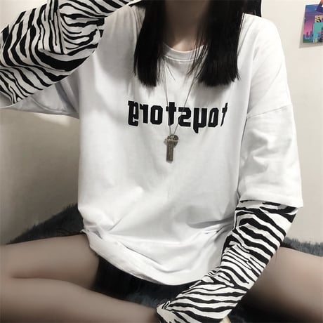 フェイクレイヤード ドッキングトップス tシャツ ロンT ゼブラ柄 長袖 レトロ 韓国ファッション レディース 大人可愛い ガーリー カジュアル ストリート系 DTC-625297358508