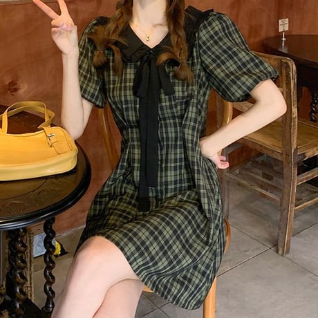 ワンピース チェック柄 リボンタイ パフスリーブ ミニワンピース ハイウエスト 半袖 レトロ 韓国ファッション レディース 大人可愛い ガーリー DTC-675131597297)