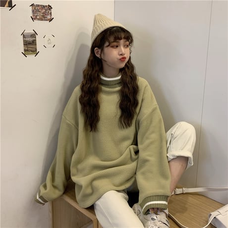 フリース トレーナー プルオーバー 韓国ファッション レディース ゆったり ハイネック トレーナー 体型カバー シンプル レトロ 春 秋 冬 大人カジュアル (DTC-605871158785)