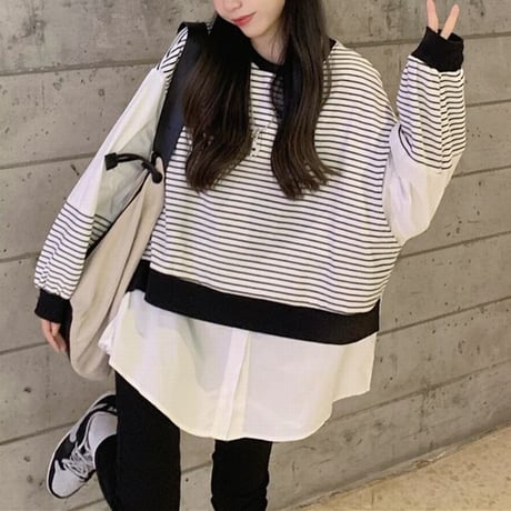 ドッキングトップス フェイクレイヤード ボーダー柄 ニット ブラウス 重ね着風 切替 長袖 レトロ 韓国ファッション レディース 大人可愛い ガーリー DTC-680518160120