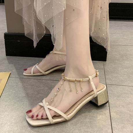 サンダル ラインストーン クロスストラップ 5cm チャンキーヒール スクエアトゥ 韓国ファッション レディース アンクルストラップ パンプス 597321753157
