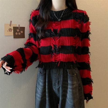 ボーダーニット ダメージ加工 フリンジ ブラック レッド プルオーバー ダメージニット ニット ボーダー ショート丈 セーター ルーズ 秋 冬 レトロ カジュアル DTCA-749285041716