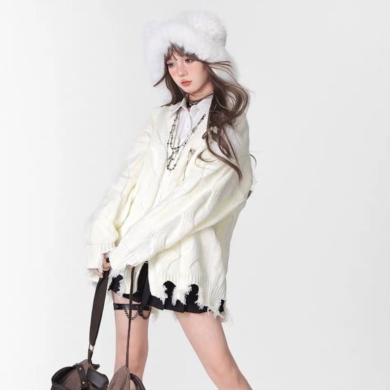 ニット カーディガン ダメージ加工 クラッシュ加工 ケーブル編み