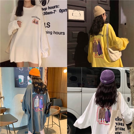 長袖 ロング Tシャツ オーバーサイズ 韓国ファッション レディース ロングTシャツ ロンt ルーズ トップス ゆったり カットソー 大人可愛い ガーリー DTC-625359276693