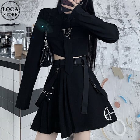 セットアップ ミリタリー風 ショートシャツ プリーツ ミニスカート ネクタイ ベルト 長袖 ハイウエスト レトロ 韓国ファッション レディース ゴシック モード系 DTC-651778269970