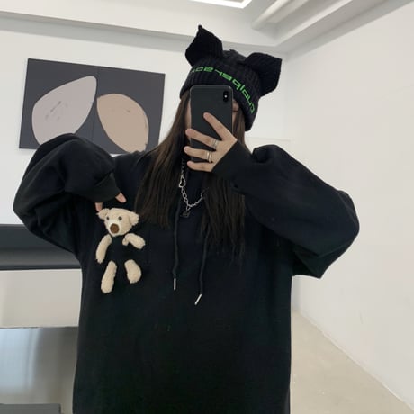 ユニセックス パーカー クマのぬいぐるみ付き プルオーバー プラスベルベット 長袖 オーバーサイズ 韓国ファッション メンズ レディース カジュアル ストリート系 DTC-660128840646