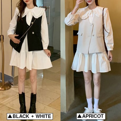セットアップ ワンピース ＋ ベスト ルーズ 長袖 韓国ファッション レディース 2点セット Aラインスカート かわいい ガーリー フェミニン DTC-624602746823